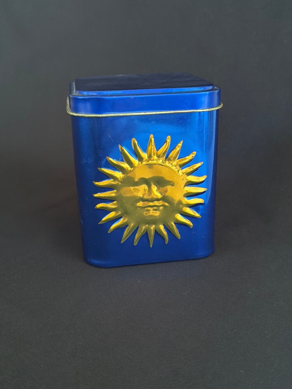 Vintage Celestial Sun Moon Stash Tin Made in Italy Gold Blue Witchy Tarot Box